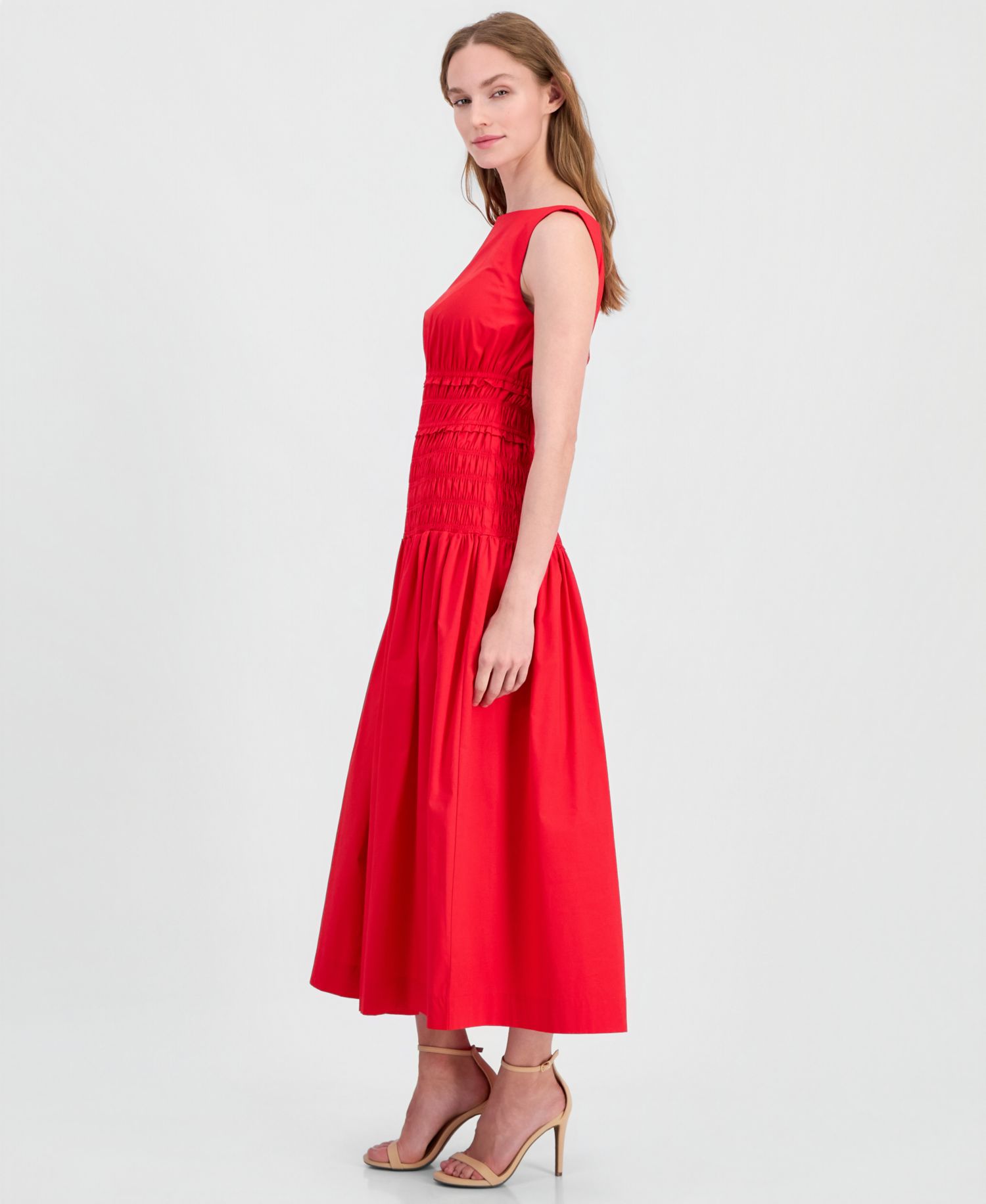 Petite Jewel-Neck Smocked Midi Dress