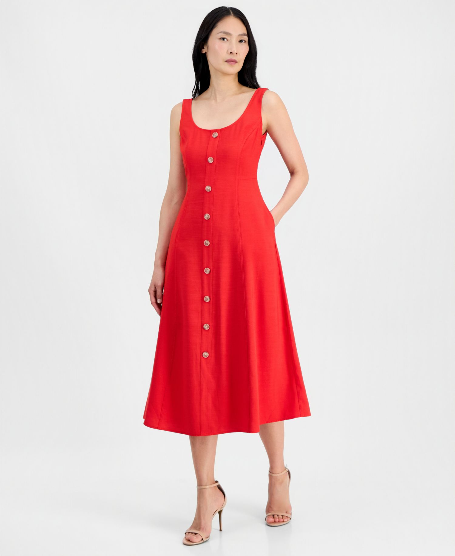 Petite Sleeveless Button Detail A-Line Midi Dress