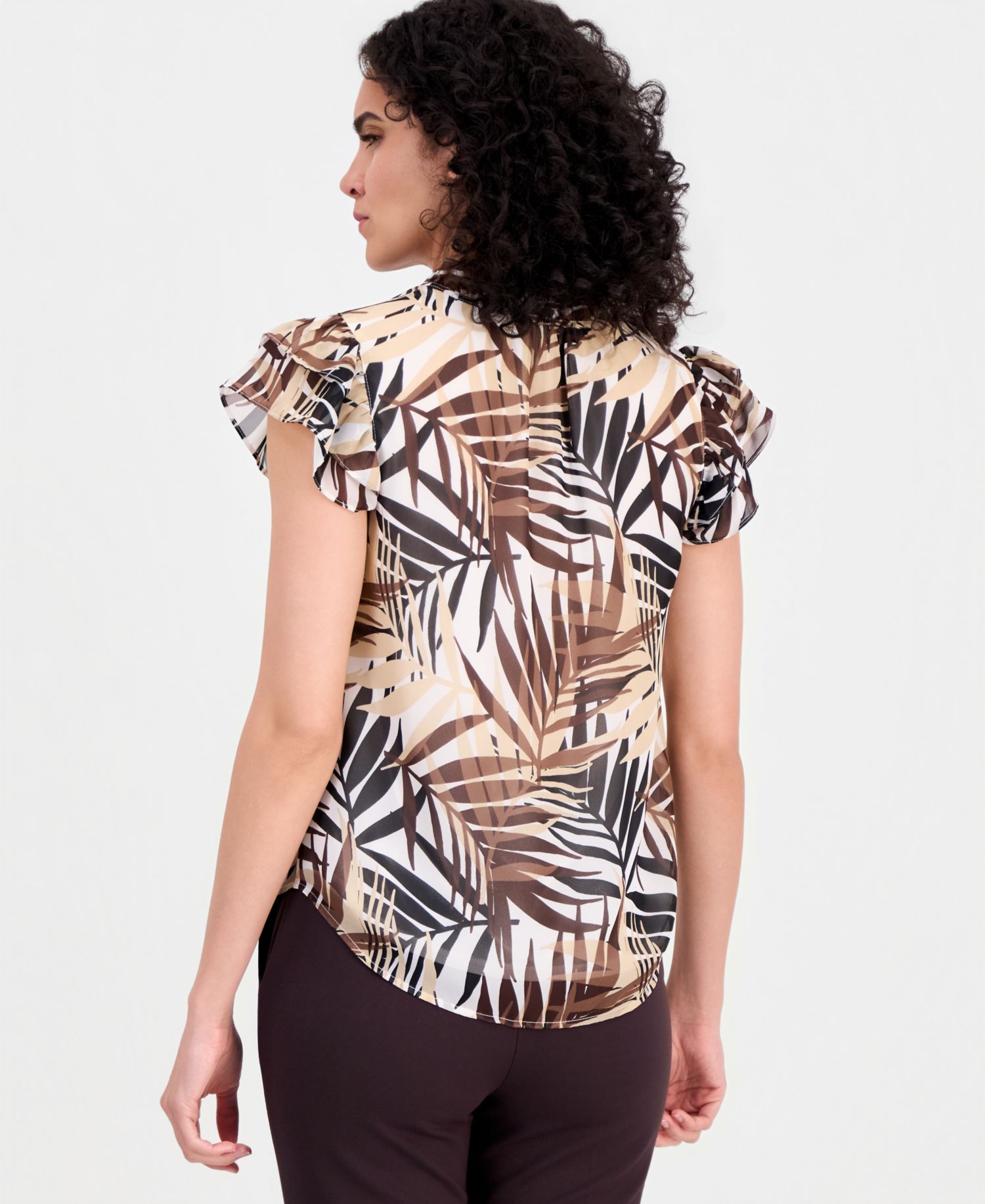Women's Palm-Print Flutter-Sleeve Split-Neck Top