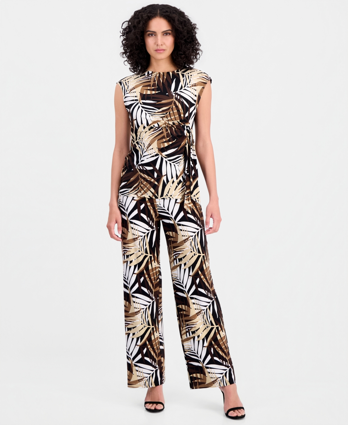 Anne Klein Women's Palm-Print High-Rise Wide-Leg Pants