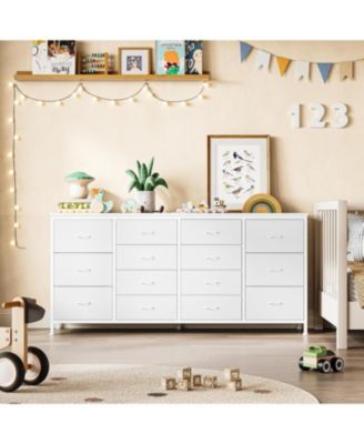 63" W Long Fabric Dresser TV Stand with 14 Drawers and Power Outlets, for 65–75 Inch TVs