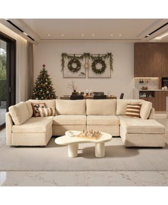 6-Piece Living Room Furniture Sectional Sofa,  L-Shaped Deep Seat Cloud Couch with Chaise Ottoman, Comfy Corduroy Modular Sofa Bed for Home