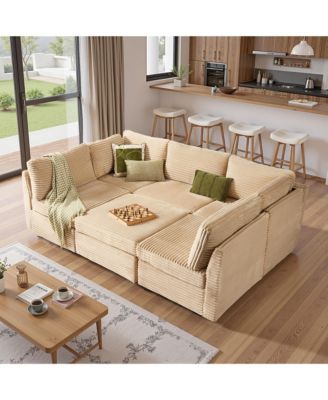 6-Piece Living Room Furniture Sectional Sofa,  L-Shaped Deep Seat Cloud Couch with Chaise Ottoman, Comfy Corduroy Modular Sofa Bed for Home