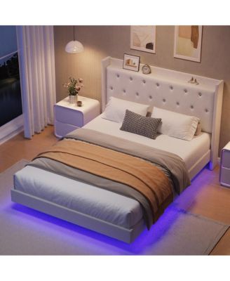 Bed Frame with LED Lights, Modern Wood Floating Bed Frame with Storage