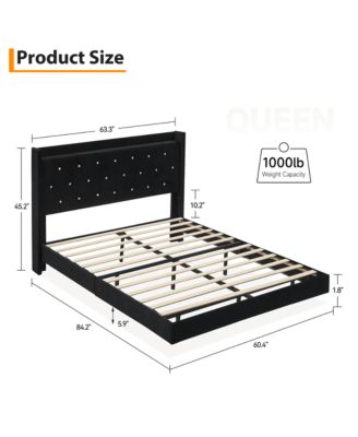 Bed Frame with LED Lights,Floating Bed Frame with Storage,Velvet Upholstered Headboard with Wingback