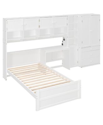 Wooden Twin Platform Bed with Desk, Wardrobe, Cabinets, Drawers, Shelves