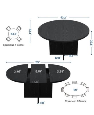 43.3''-59'' Extendable Round Dining Table for 4-8, Kitchen Oval Dining Table with Removable Leaves