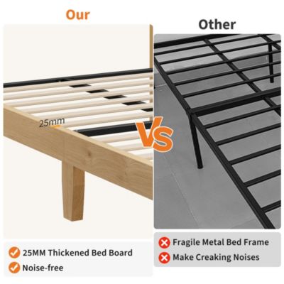 Boho Bed Frame, Rattan Headboard Bed Frame With Led Lights, Noise-Free Platform Light Wood Bed Frame