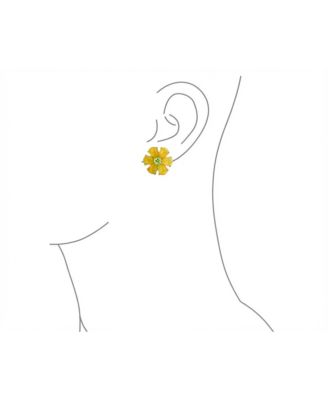 Floral CZ Center   Jade Flower Stud Earrings Gold Plated .925 Sterling Silver