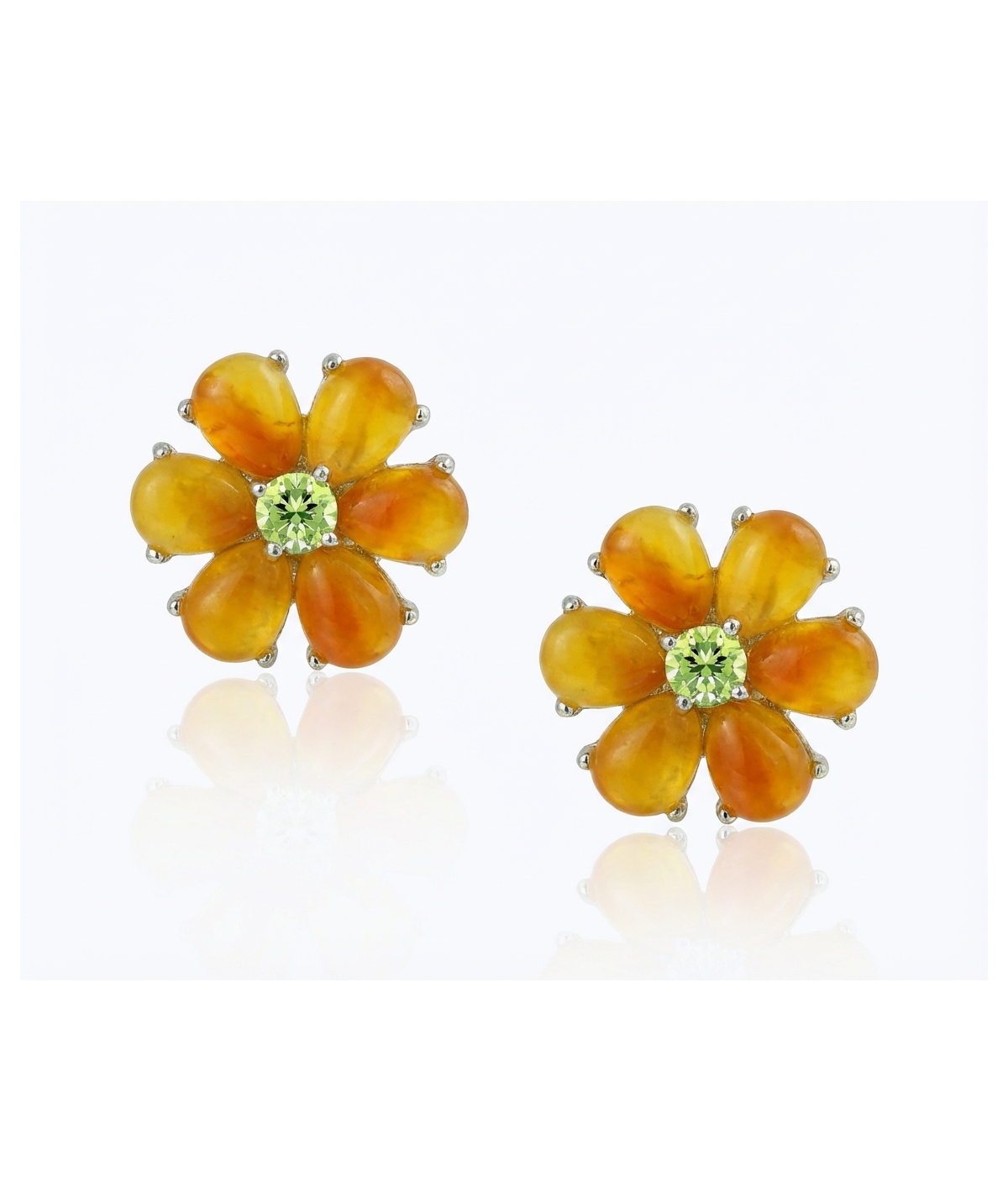 Bling Jewelry Floral Cz Center Jade Flower Stud Earrings Gold Plated .925 Sterling Silver