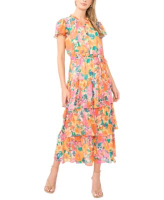 Women's Tiered Floral Flutter-Sleeve Maxi Dress