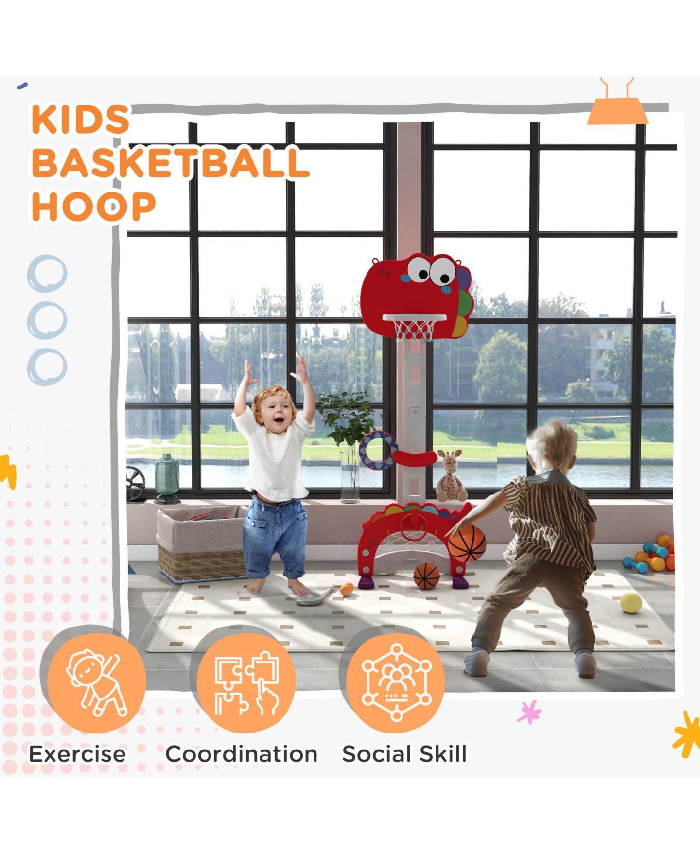 Детская игрушка Qaba Dinosaur-Themed 5-in-1 Kids Basketball Hoop, Height-Adjustable 4.4-5 ft, Ages 3-6 — фото 4