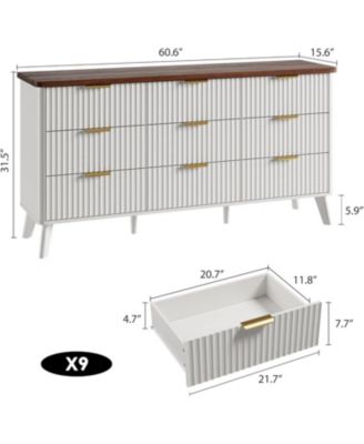 Fluted 9-Drawer Dresser, 60.6" Wide Modern Wooden Chest with Curved Design, Dresser TV Stand for Living Room