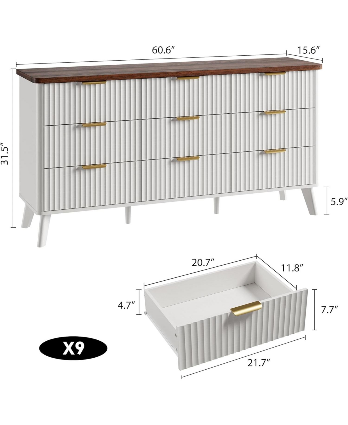 gaomon Fluted 9-Drawer Dresser, 60.6" Wide Modern Wooden Chest with Curved Design, Dresser Tv Stand for Living Room