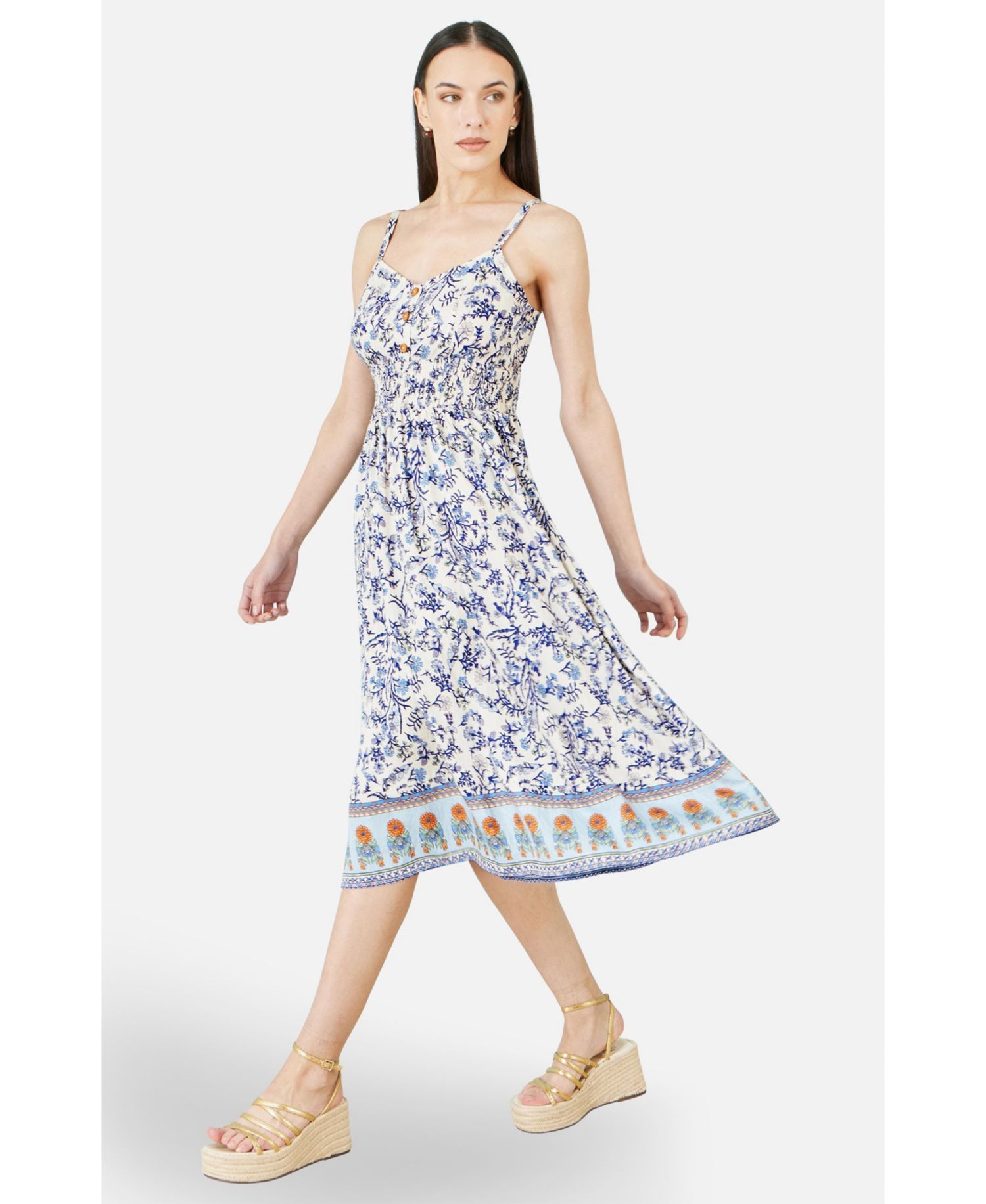 Women's Floral Border Print Midi Sun Dress