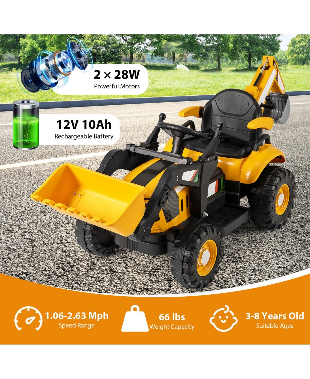 Slickblue 12V 4-in-1 Kids Ride On Tractor with Excavator & Bulldozer