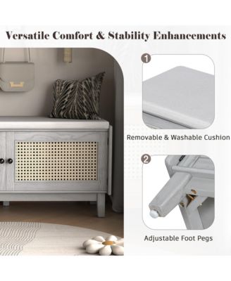 Rattan Shoe Storage Bench, Wooden Shoe Organizer with Cushion, 2 Doors, 2-Tier Shoe Rack and Adjustable Shelves for Entryway, Hallway