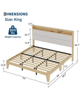 Boucle Upholstered Bed Frame with LED Lights and Charging Station with 2-Tier Storage Shelves