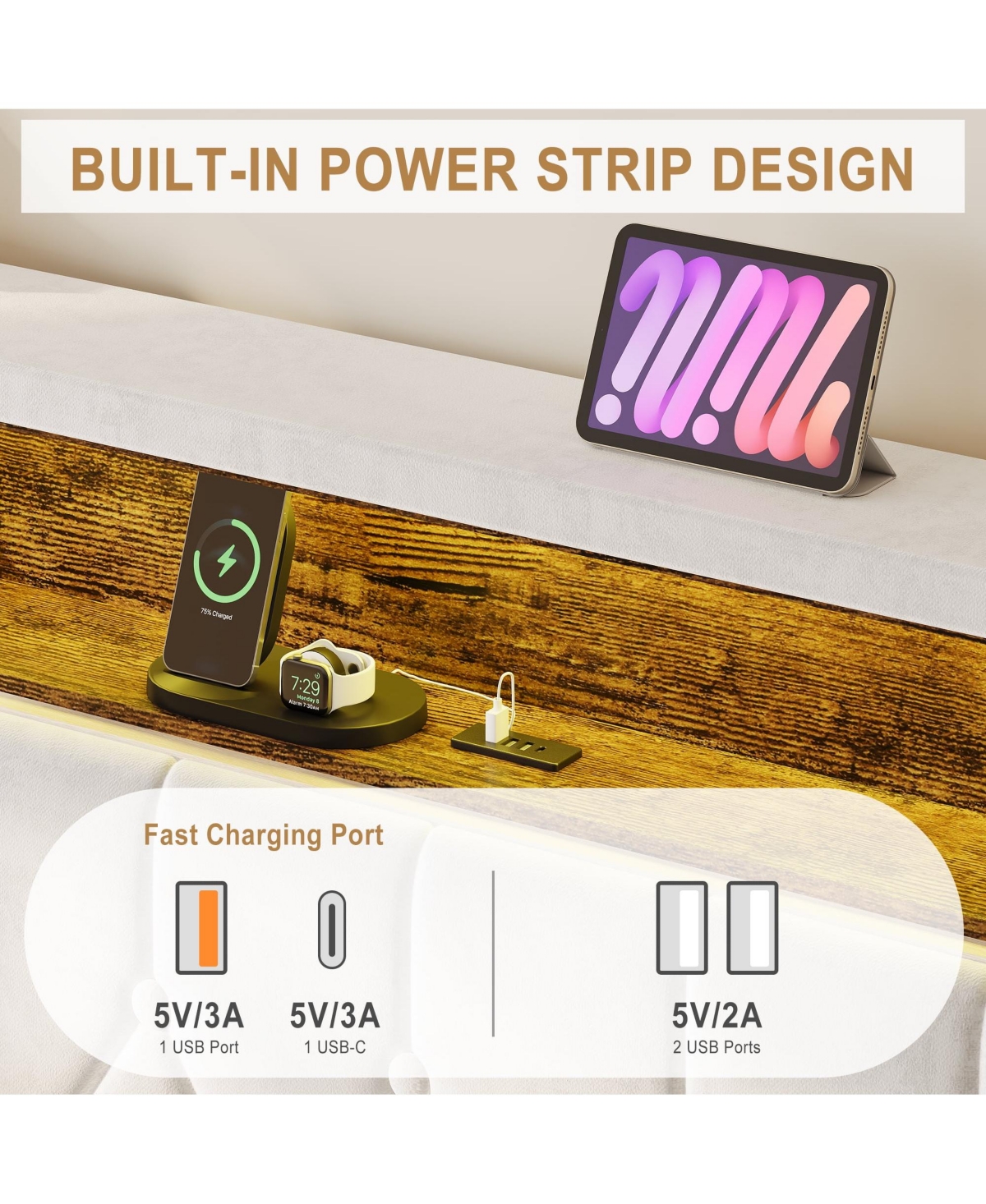 Gaomon Upholstered Bed Frame with Led Lights and Charging Station, Platform Bed with Shelf Headboard