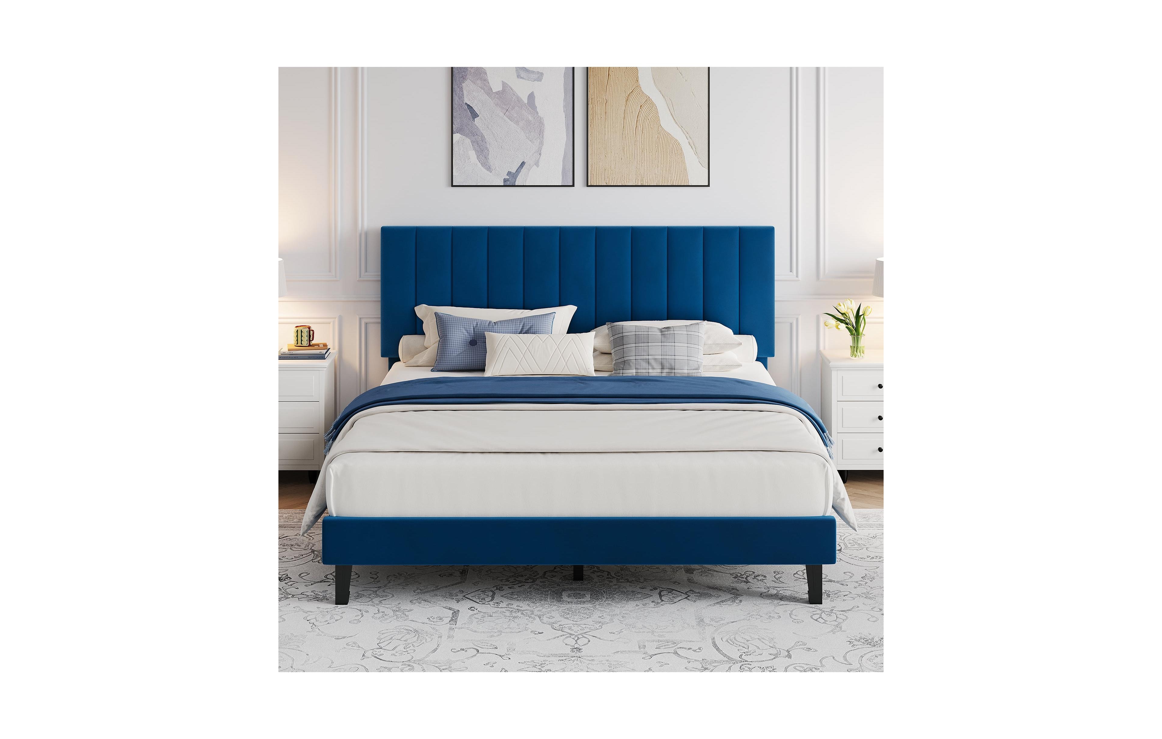 gaomon Velvet Upholstered Adjustable Vertical Tufted Headboard & Bed Frame