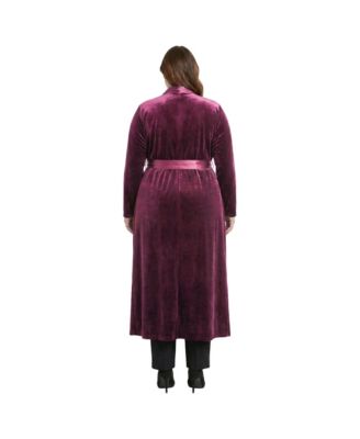 Plus Size Velvet Wrap Satin Belt Long Coat
