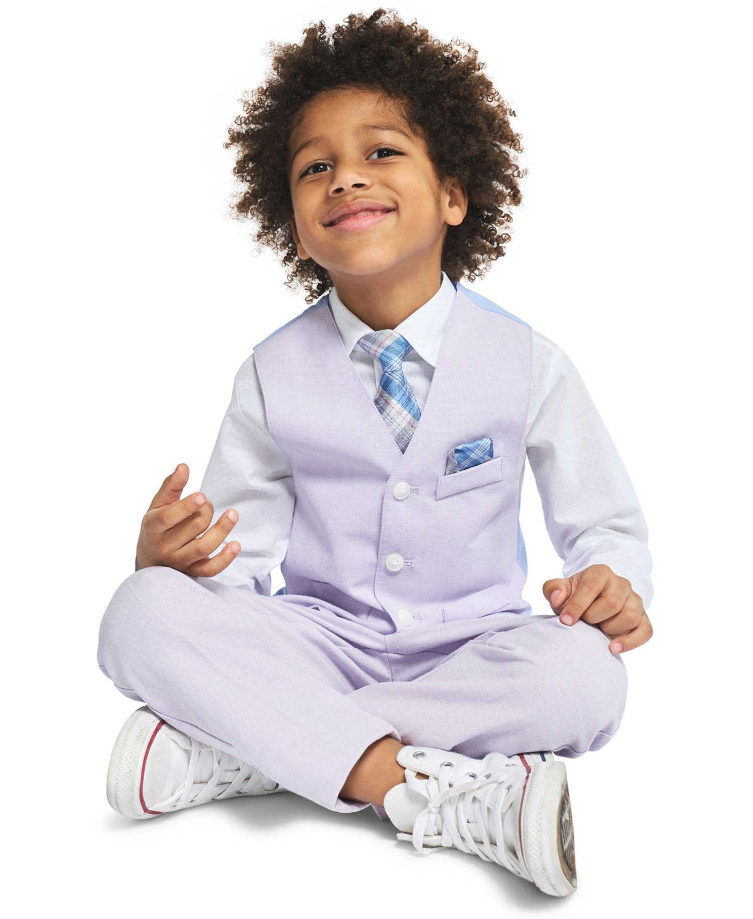Boys' 2-7 Linen Check Long-Sleeve Shirt, Vest, Necktie, Pocket Square & Pants, 5-Piece Set