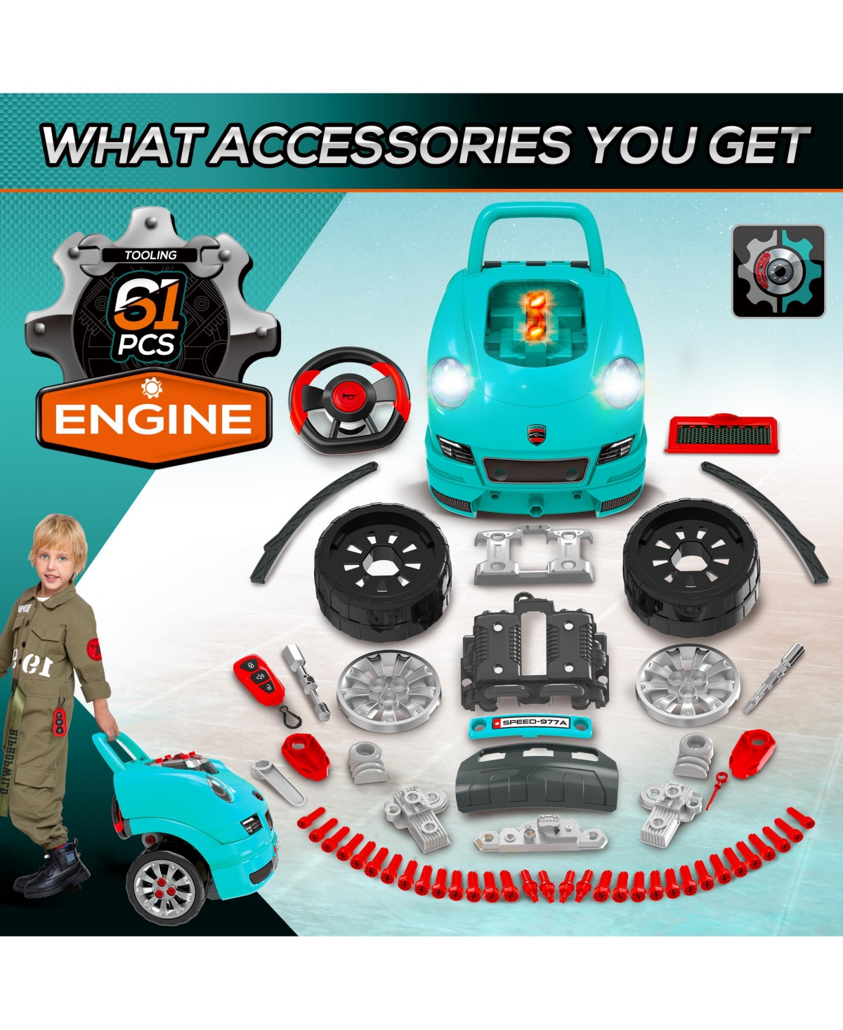 Qaba Mechanic Kids Truck Engine Toy Set, Car Service Play Set