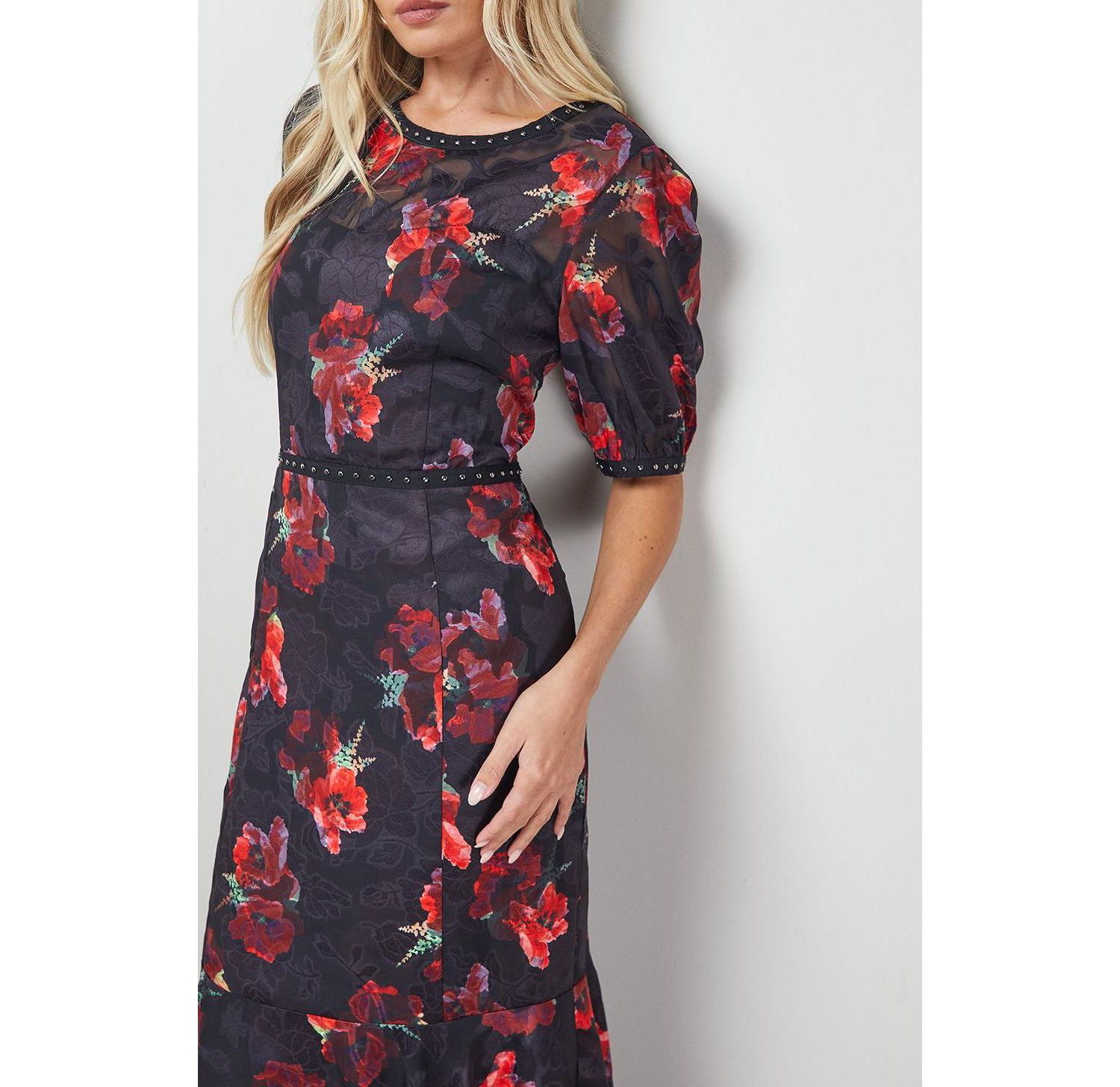 Women's Floral Stud Trim Puff Sleeve Midi Dress