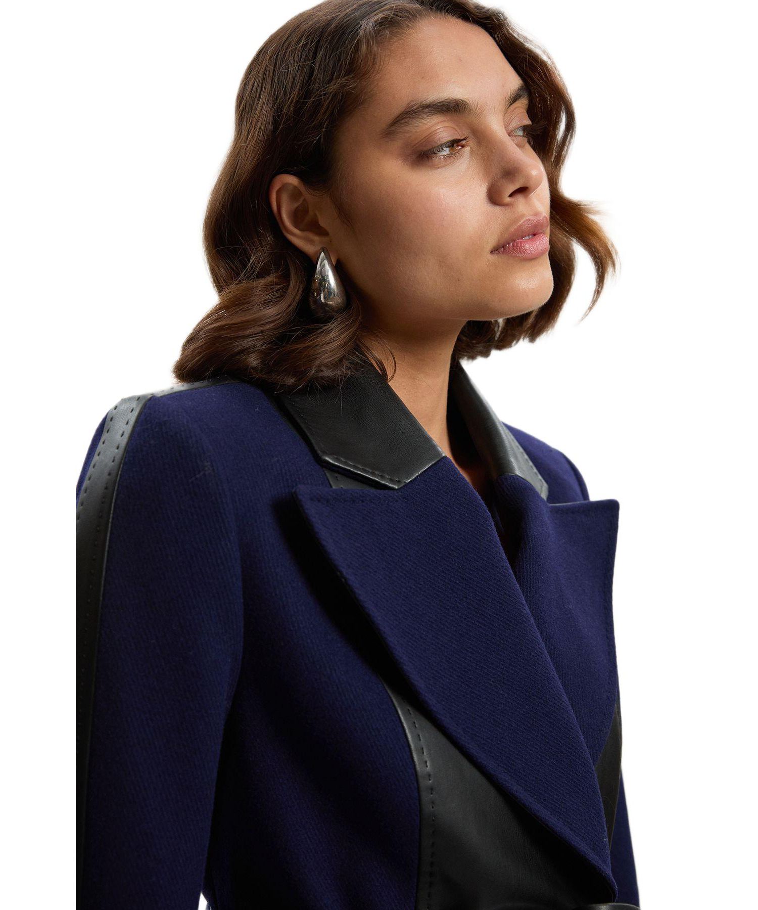 Women's Wool Pu Mix Belted Midi Coat