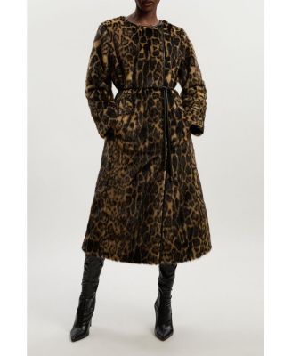 Women's Faux Fur Collarless Tie Belted Midi Coat