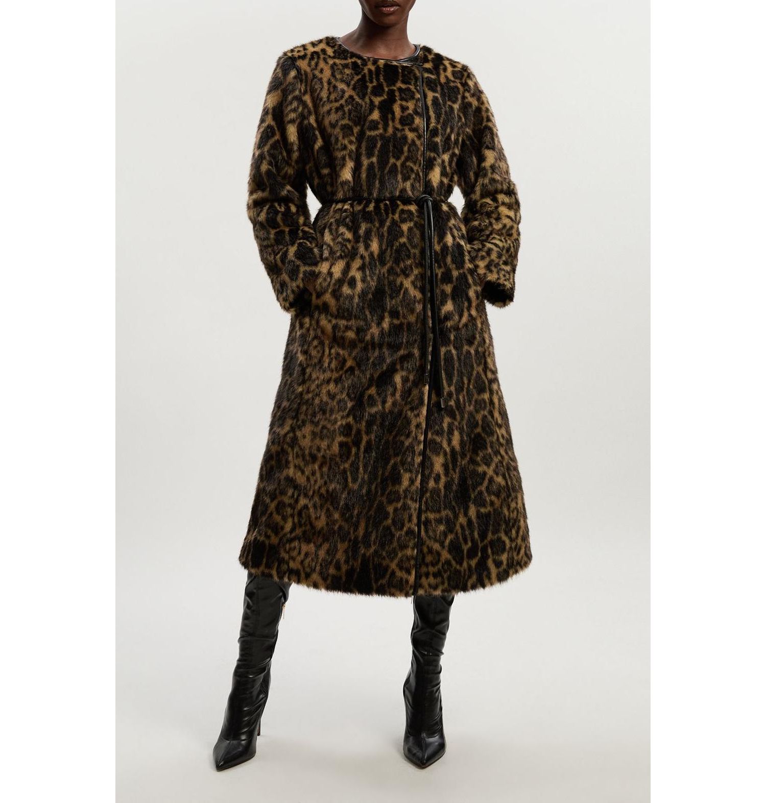 Women's Faux Fur Collarless Tie Belted Midi Coat