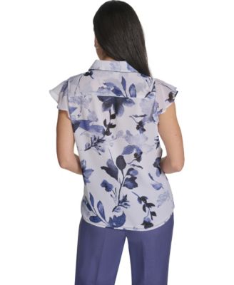Women's Printed Cap-Sleeve Ruffle Front Top