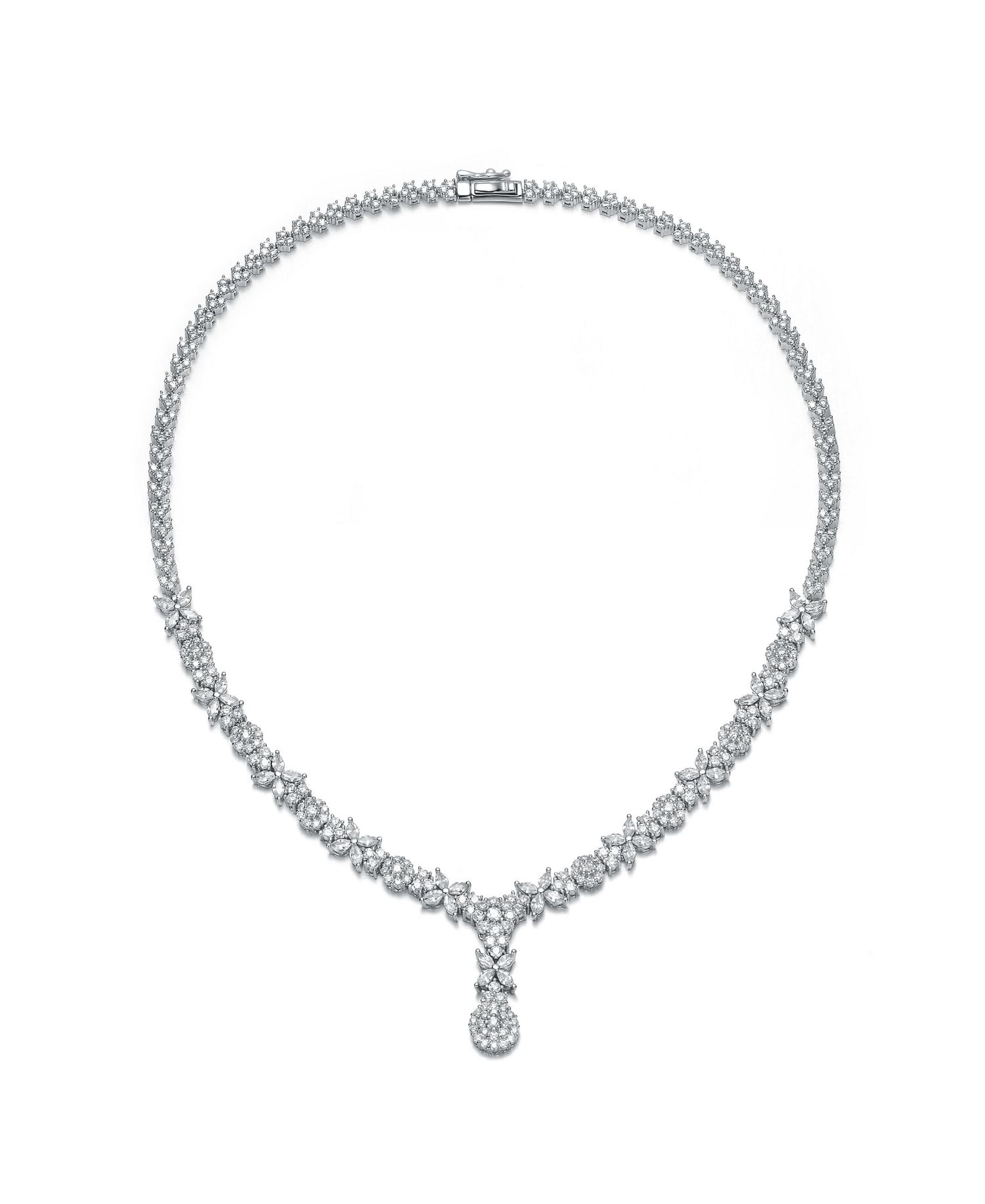 Elegant White Gold Plated Floral Cluster CZ Statement Necklace