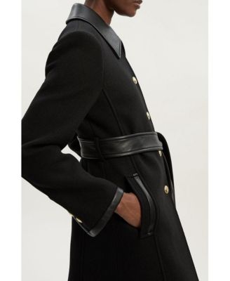 Women's Wool Pu Mix Belted Tailored Maxi Coat