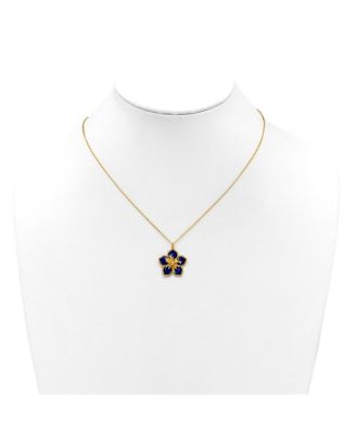 14K Yellow Gold 18 Inch Italian Navy Enamel Textured Plumeria Necklace
