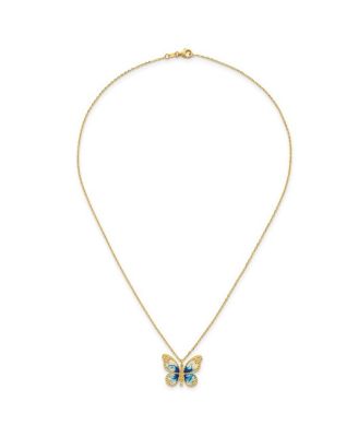 Solid 14k Yellow Gold 18 Inch Italian Blue Enamel Textured Butterfly Necklace