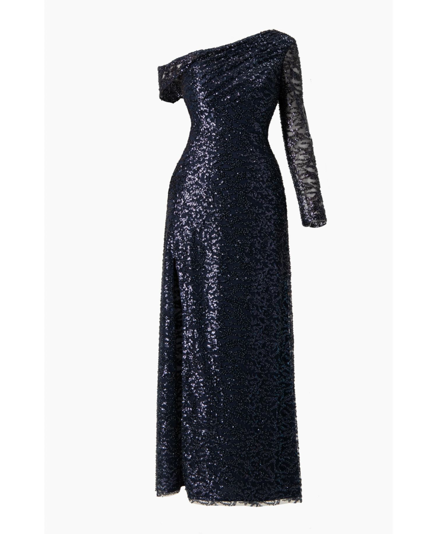 Women's Embroided Gown with Front Slit and One Sleeve