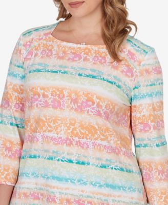 Plus Size Painted Floral Stripe Knit Top