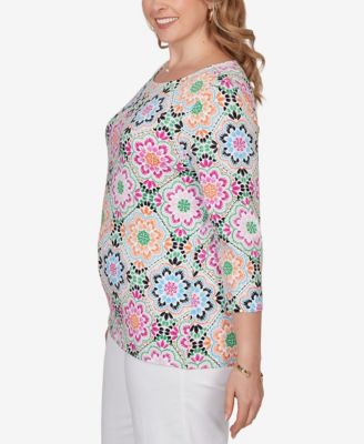 Plus Size Kaleidoscope Floral Boat Neck Knit Top