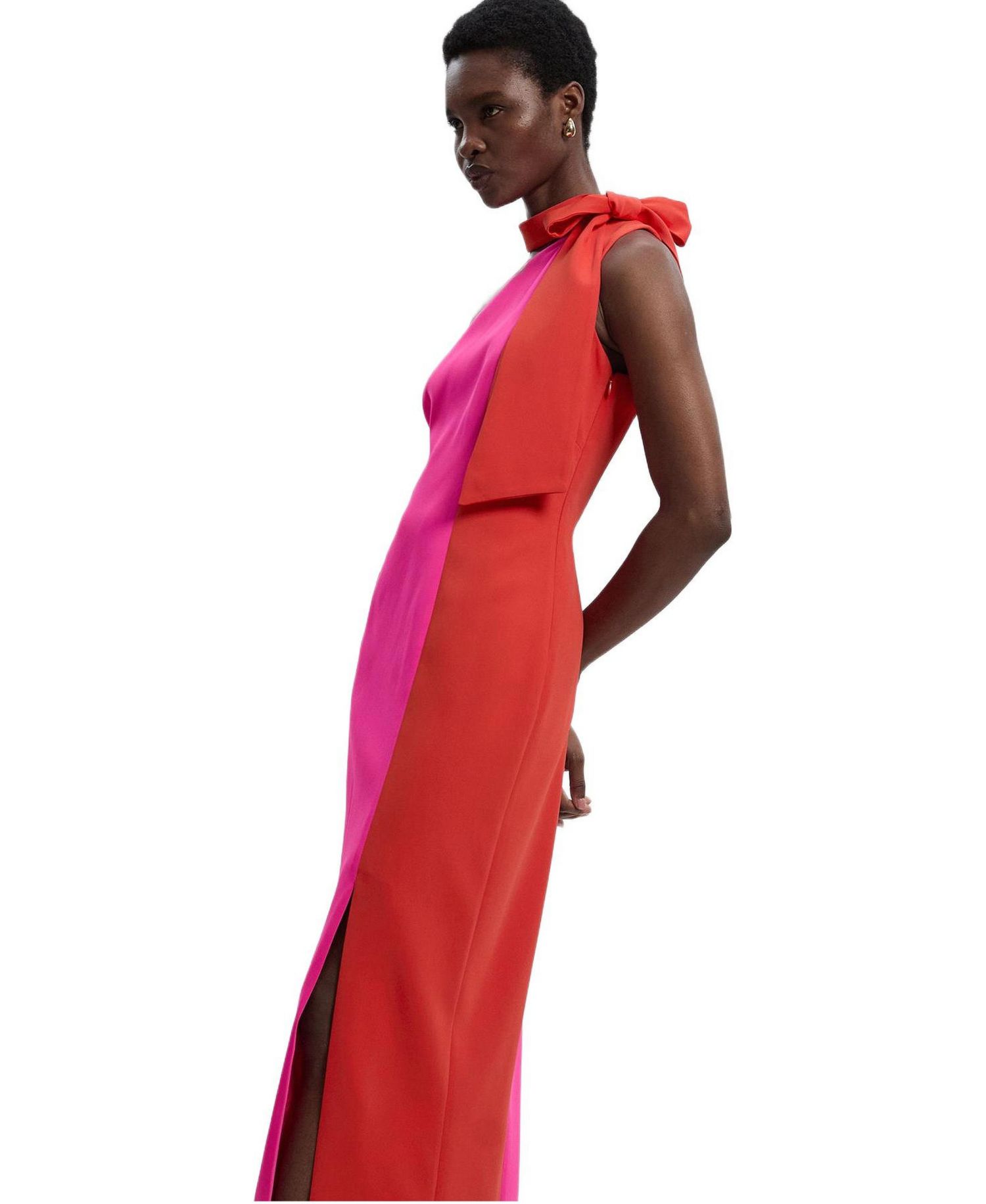 Women's Soft Tailored Bow Tie-Neck Midi Dress