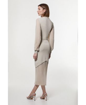 Women's Pu Trim Woven Sleeved Pleated Dress