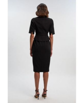 Women's Asymmetric Neck Belted Pencil Midi Dress