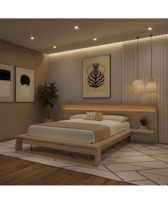 Lido Slatted Bedframe with Wide Headboard with Lights and Shelves
