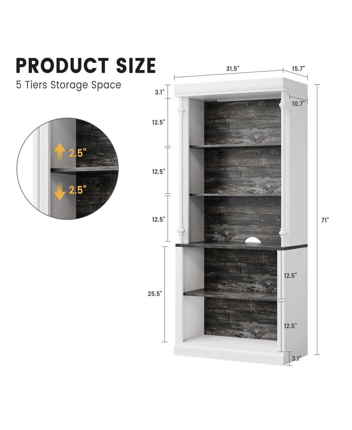gaomon 71'' Tall Bookcase with Led Lights, Free-Standing Library Bookshelf with 5-Tier Storage Shelves