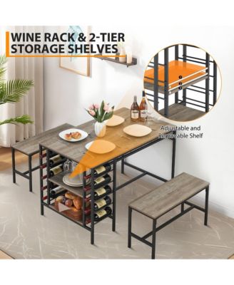 4-Pc. Wood Dining Table Set with Wine Rack and Storage Shelves