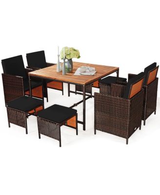 9 PCS Patio Rattan Dining Set Cushioned Chairs Ottoman Wood Table Top