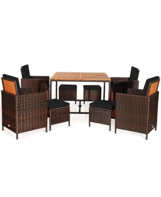 9 PCS Patio Rattan Dining Set Cushioned Chairs Ottoman Wood Table Top