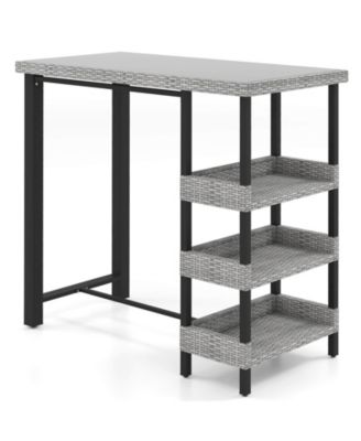 43.5" Outdoor Bar Table with Tempered Glass Top & 3 Rattan Shelves Storage