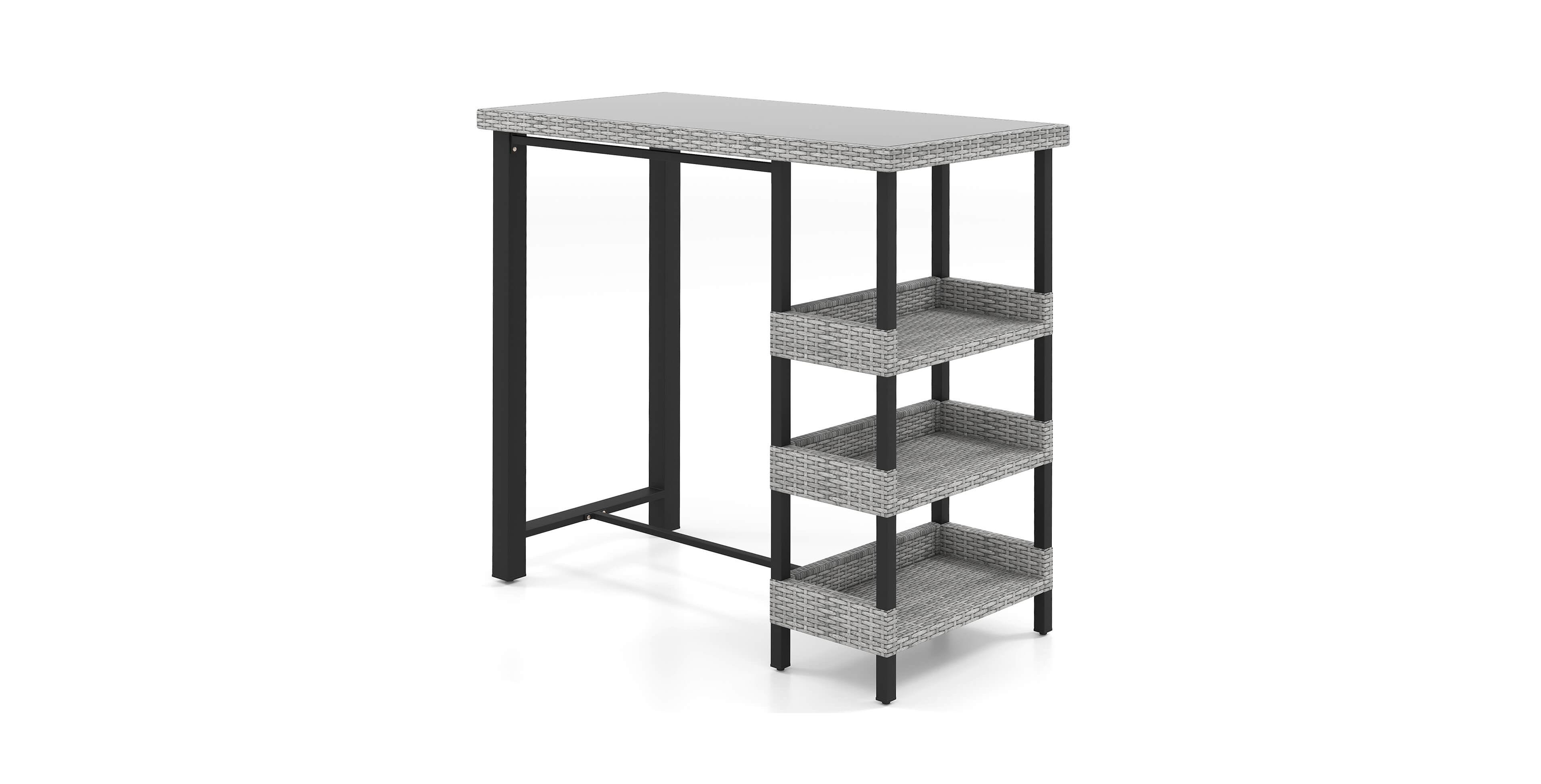 43.5" Outdoor Bar Table with Tempered Glass Top 3 Rattan Shelves