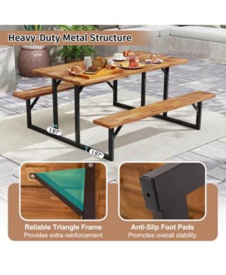 6-Person Acacia Wood Picnic Table with 2 Built-In Benches Umbrella Hole Metal Frame